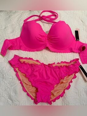 Victoria's Secret Hot Pink Ruffle Bikini Set Top 36 C, Bottom L